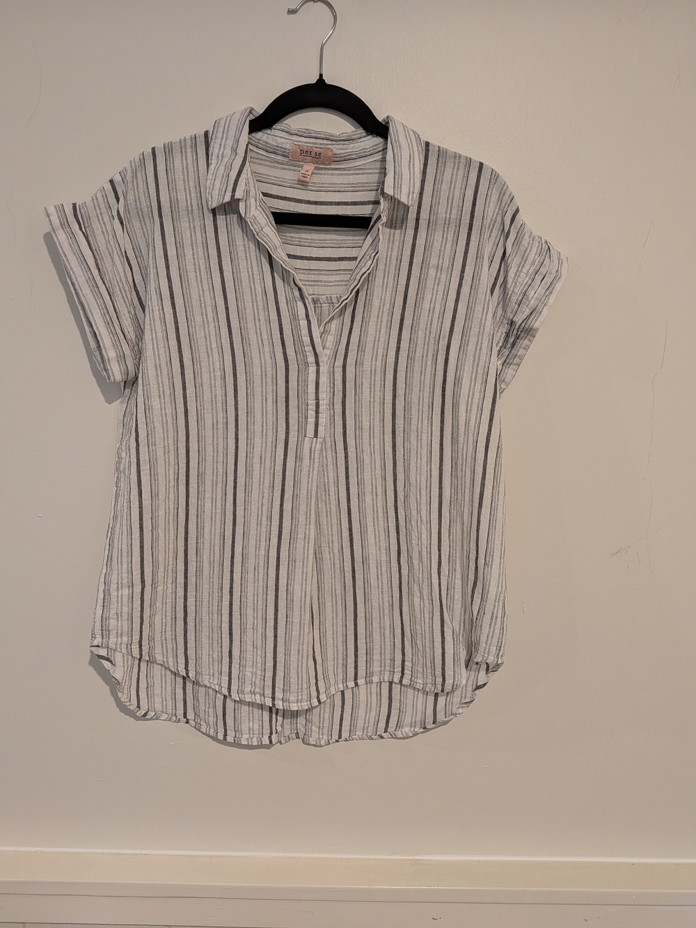 Per Se Linen Striped Short-Sleeve V-Neck Tunic, Sz. Medium